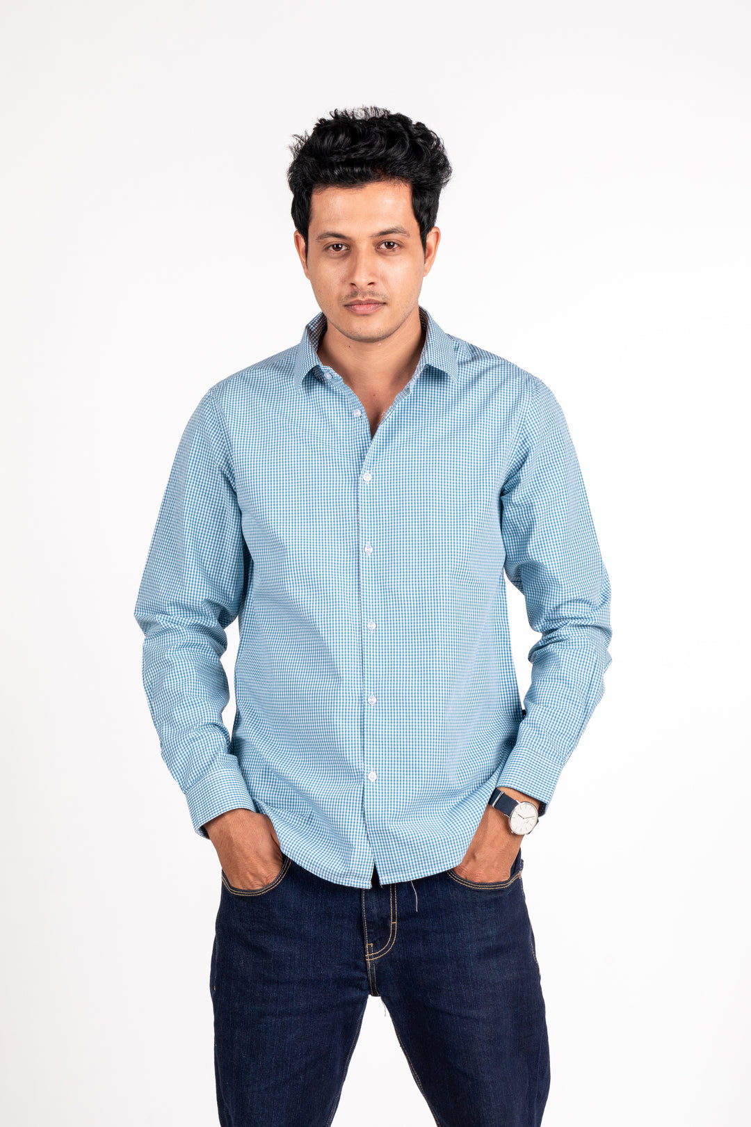 Teal Blue Fine Checked Shirt